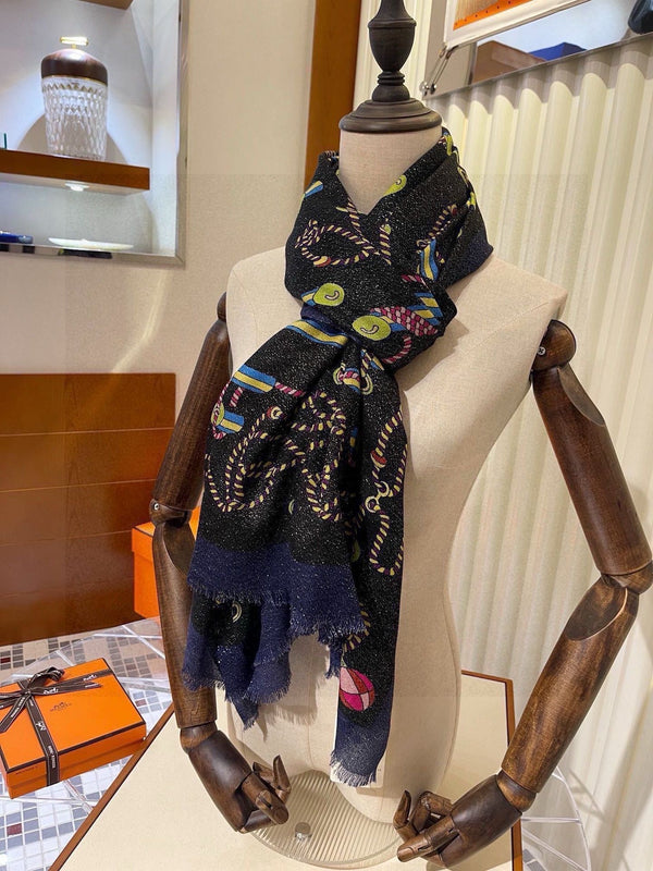 Scarf 200 CM In Black Colorful Cashmere Silk  264152