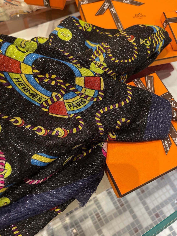 Scarf 200 CM In Black Colorful Cashmere Silk  264152