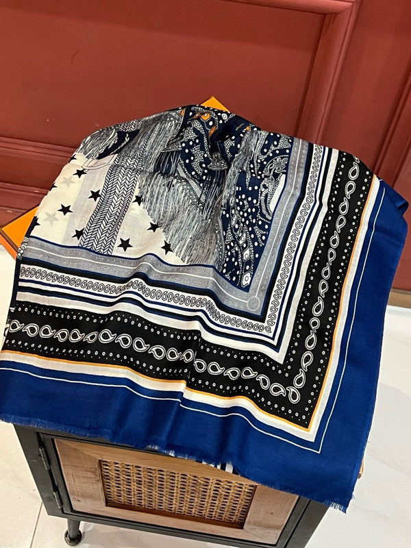 Selle De Dignitaire Bandana Shawl 200 CM In Blue Colorful Cashmere 265334