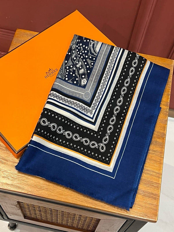 Selle De Dignitaire Bandana Shawl 200 CM In Blue Colorful Cashmere 265334