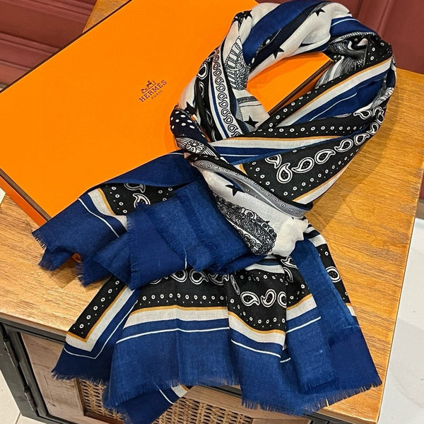 Selle De Dignitaire Bandana Shawl 200 CM In Blue Colorful Cashmere 265334