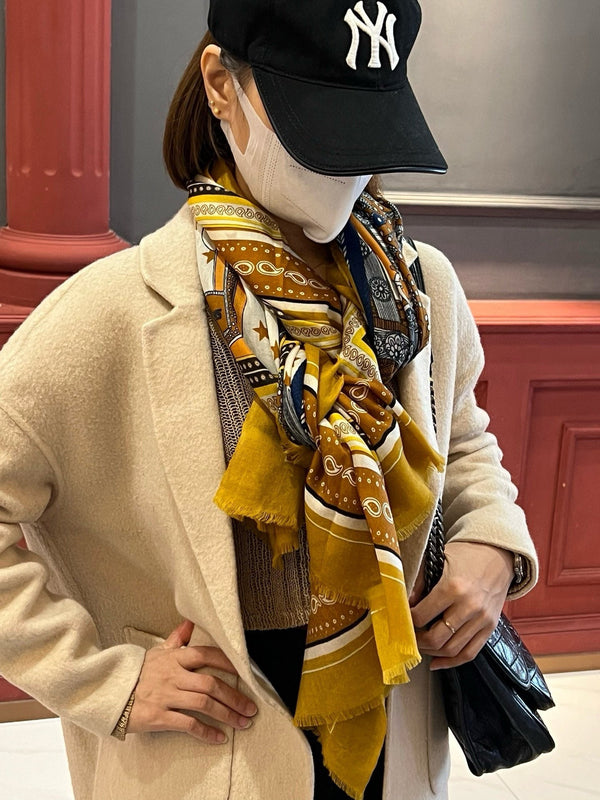 Selle De Dignitaire Bandana Shawl 200 CM In Yellow Brown Colorful Cashmere 265335