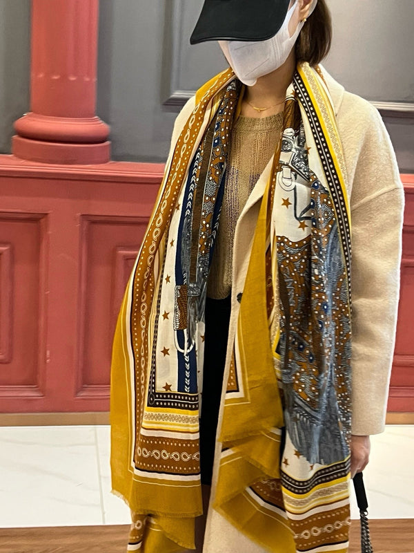 Selle De Dignitaire Bandana Shawl 200 CM In Yellow Brown Colorful Cashmere 265335
