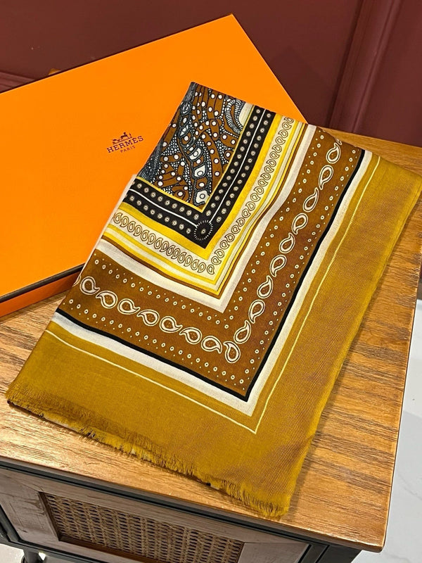 Selle De Dignitaire Bandana Shawl 200 CM In Yellow Brown Colorful Cashmere 265335