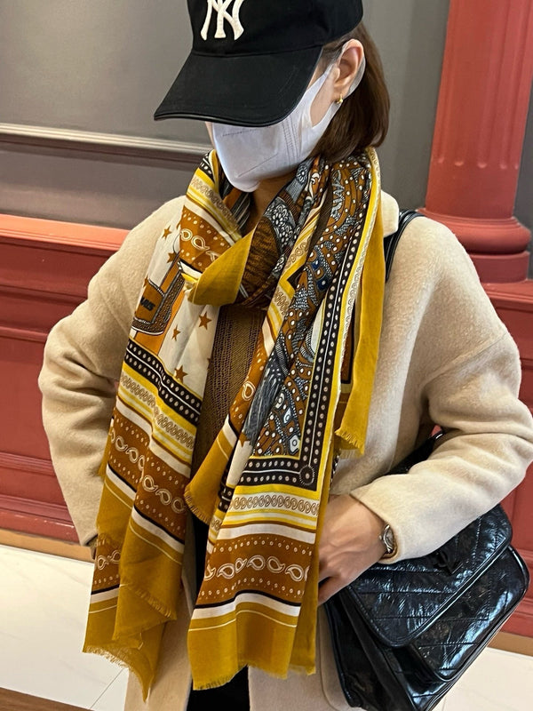 Selle De Dignitaire Bandana Shawl 200 CM In Yellow Brown Colorful Cashmere 265335