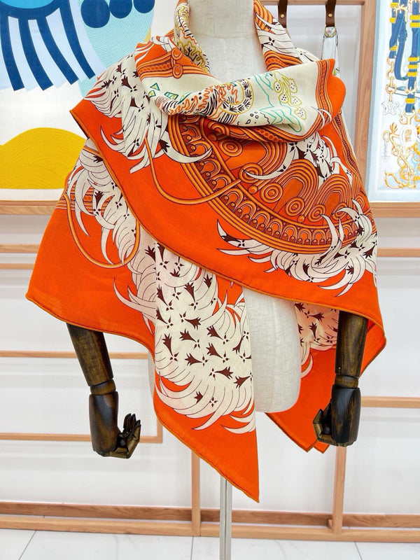 Legende Brodee Scarf 140 CM In Orange Colorful Cashmere And Silk 276519