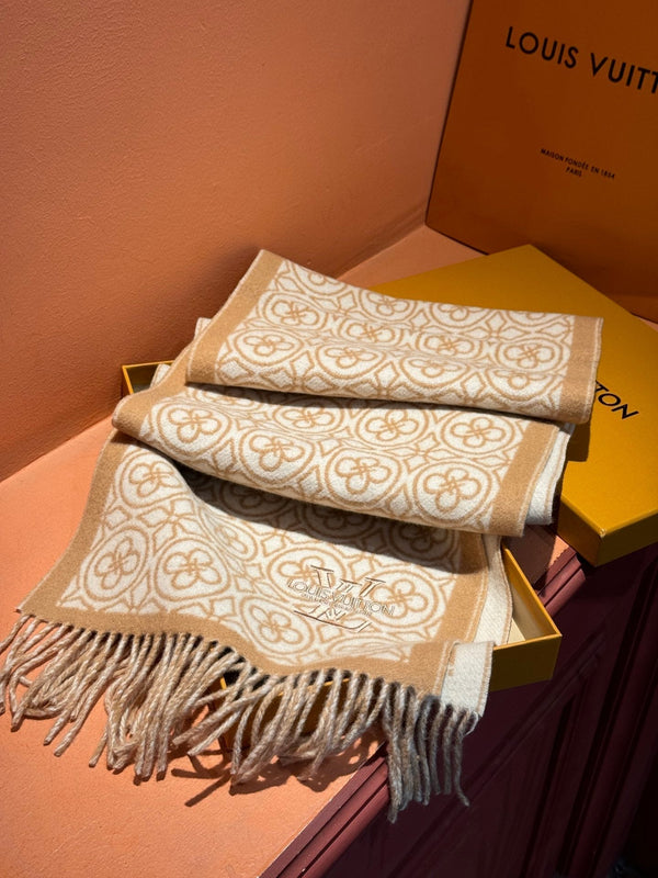 FLOWER MONOGRAM SCARF 180 CM IN TORTILLA BROWN MIX WHITE CASHMERE 388304