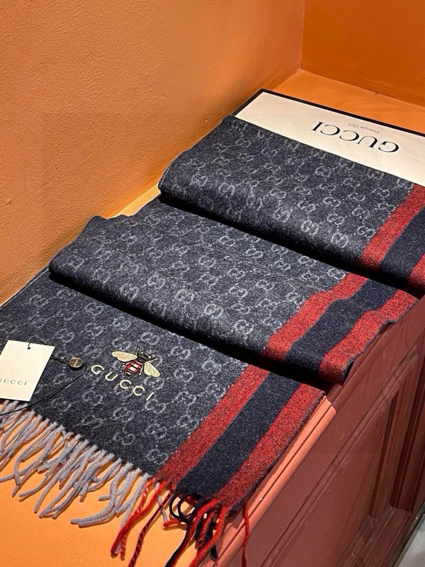 SCIARPA 180 CM IN CASHMERE BLU NAVY CON MOTIVO API 396476