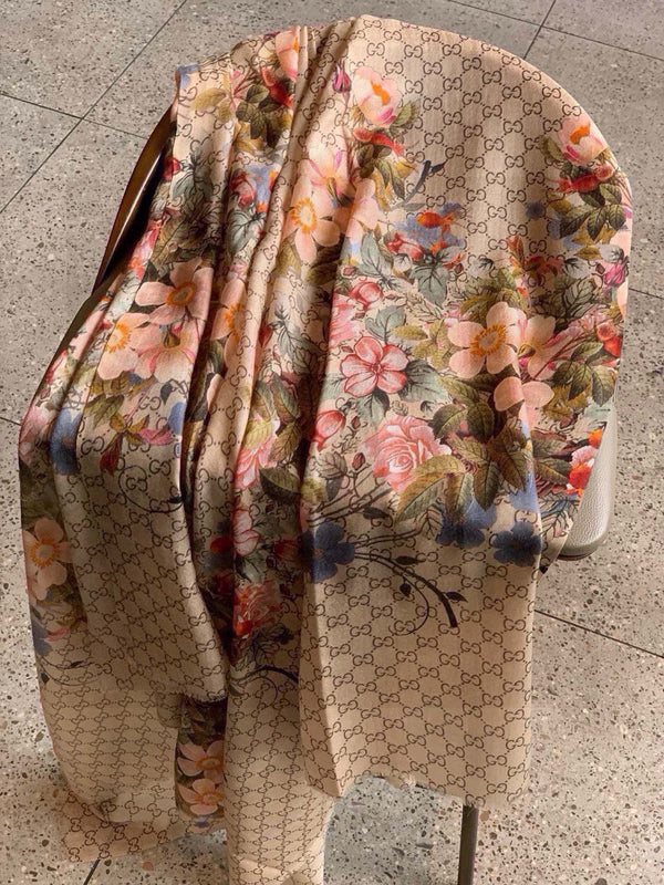 SCIARPA 200 CM IN CASHMERE MARRONE MEDIO CON FIORE COLORATO 405254