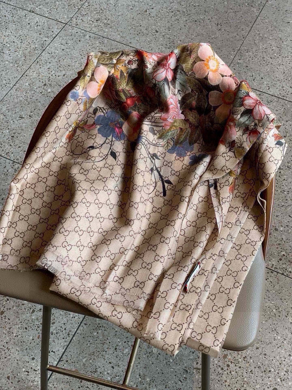 SCIARPA 200 CM IN CASHMERE MARRONE MEDIO CON FIORE COLORATO 405254