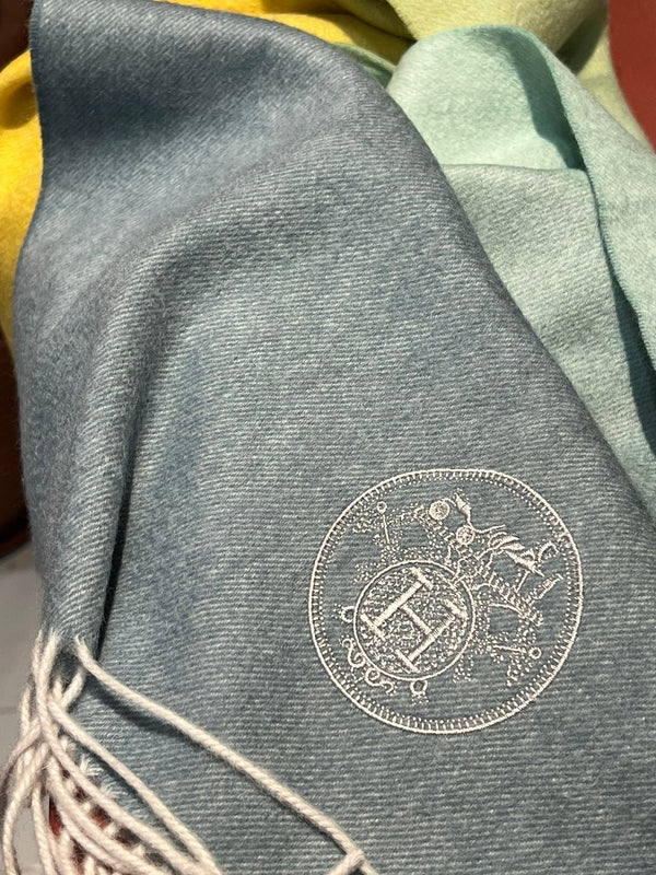 Scarf 190 CM In Blue Yellow Mix Jade Green Cashmere