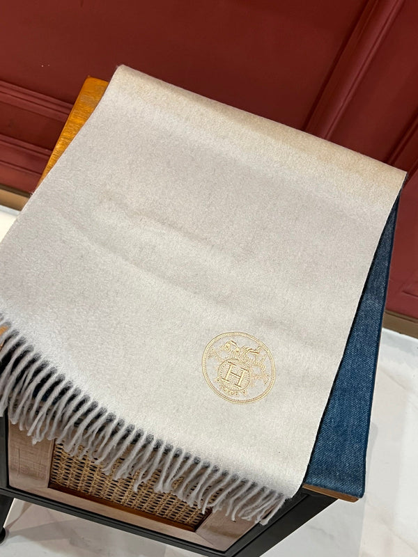 Scarf 190 CM In White Beige Mix Black Blue Cashmere