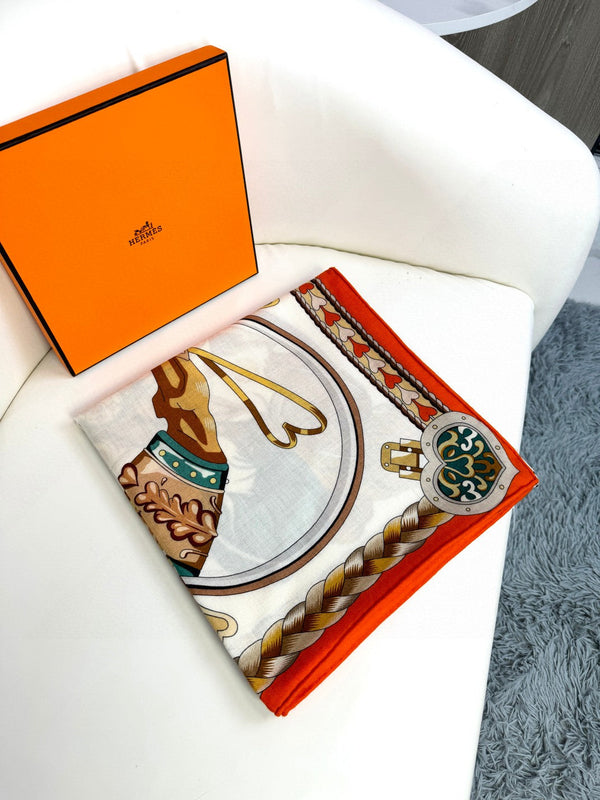 Harnais De Coeur Scarf 135 CM In Orange Colorful Cashmere And Silk 381092