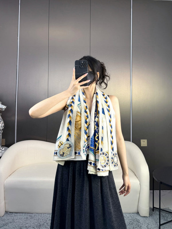 Harnais De Coeur Scarf 135 CM In White Colorful Cashmere And Silk 381094