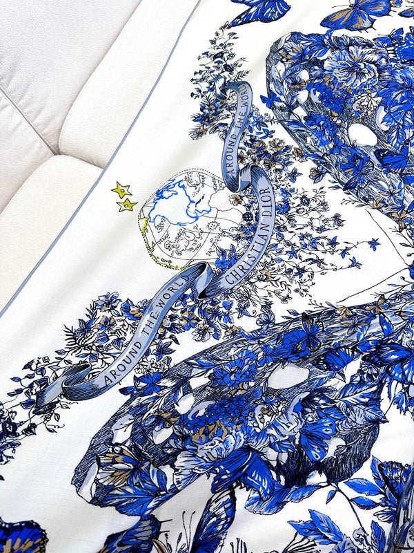 SCIARPA QUADRATA 140 CM IN MISTO BIANCO CASHMERE E SETA BLU COBALTO 390940