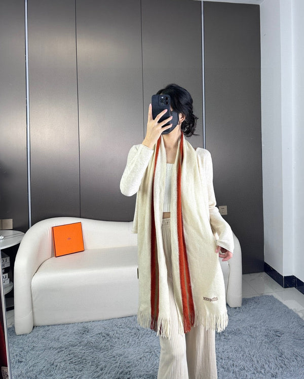 Scarf 180 CM In White Mix Red Khaki Green Cashmere  401086