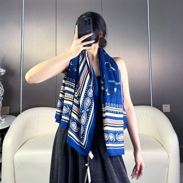 Tatouages Marins Bandana Shawl 135 CM Dark Blue Mix White Red Cashmere And Silk 401090