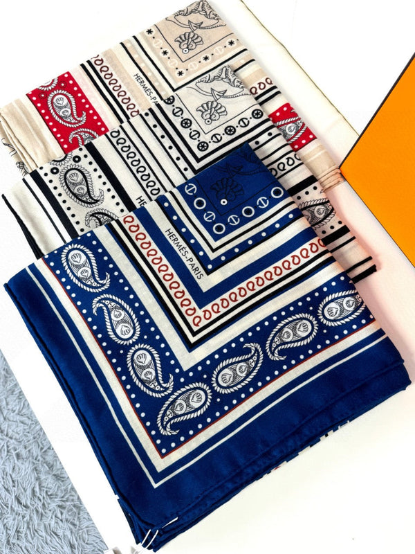 Tatouages Marins Bandana Shawl 135 CM Dark Blue Mix White Red Cashmere And Silk 401090
