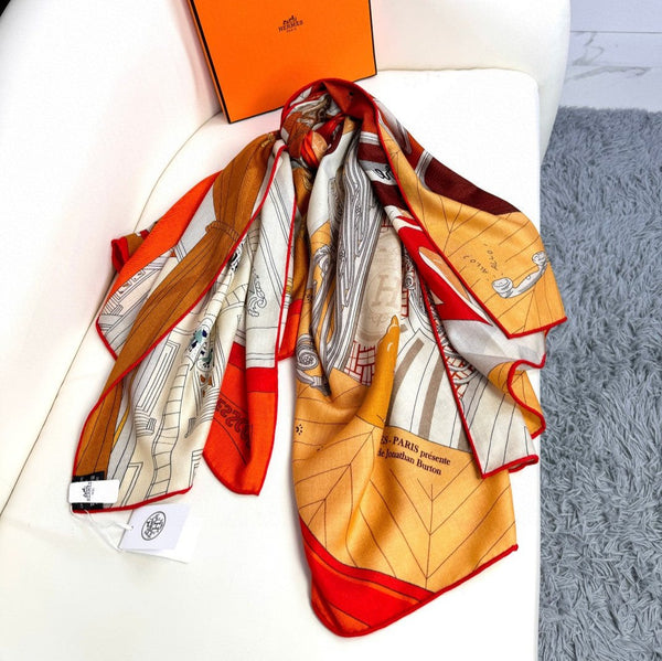 Mystere Au 24 Scarf 135 CM Yellow Orange Colorful Cashmere And Silk