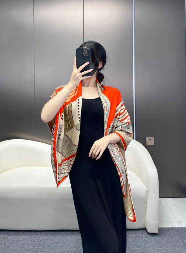 Dressage Tressage Shawl 140 CM In Orange Red Colorful Silk