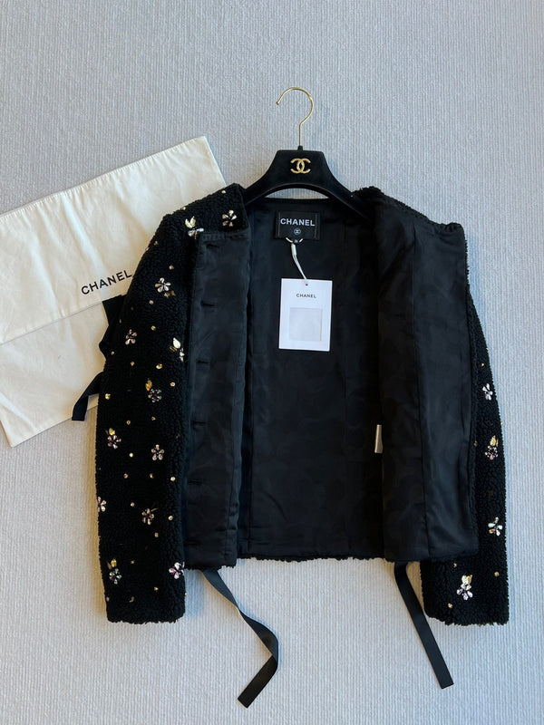 Giacca girocollo CC 25C con fiocco e spalline in lana nera 212350