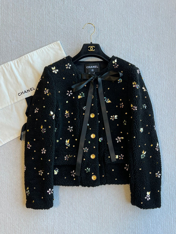 Giacca girocollo CC 25C con fiocco e spalline in lana nera 212350