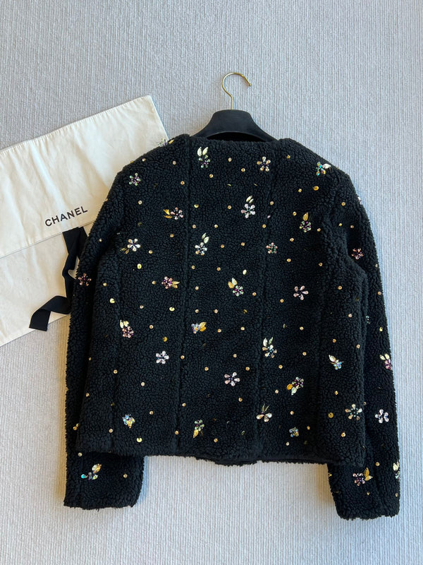 Giacca girocollo CC 25C con fiocco e spalline in lana nera 212350