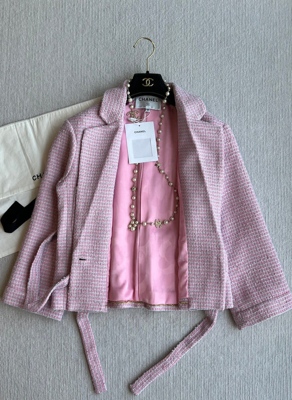 CC 25SS Lace-up Jacket Pink Sequins Tweed 235919