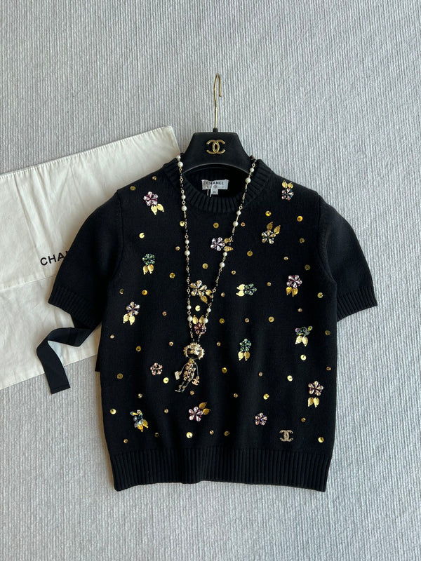 CC 25SS Short Sleeves Flower Knitted In Black Wool 229493