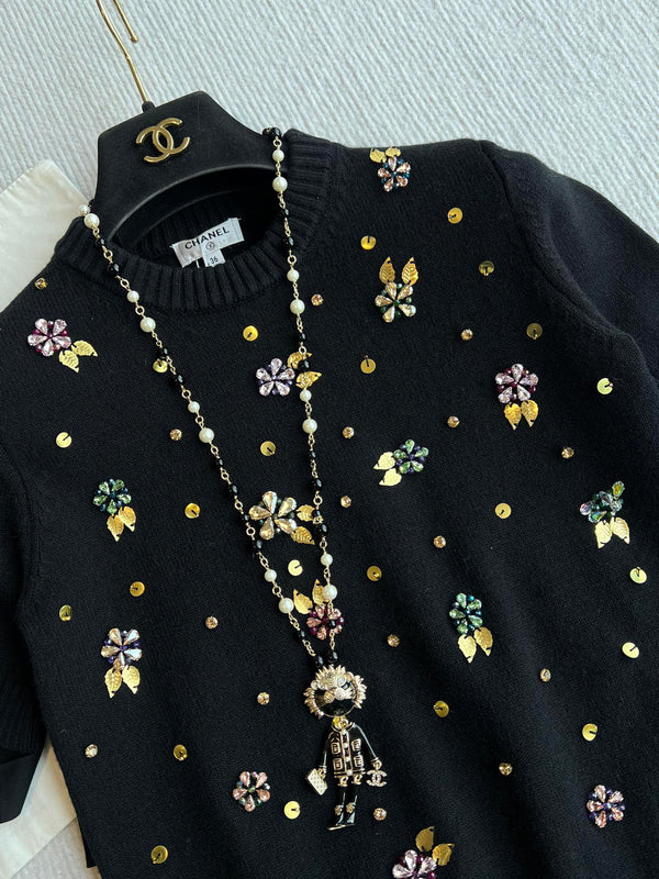 CC 25SS Short Sleeves Flower Knitted In Black Wool 229493