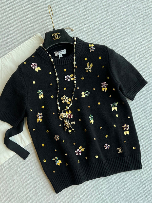 CC 25SS Short Sleeves Flower Knitted In Black Wool 229493