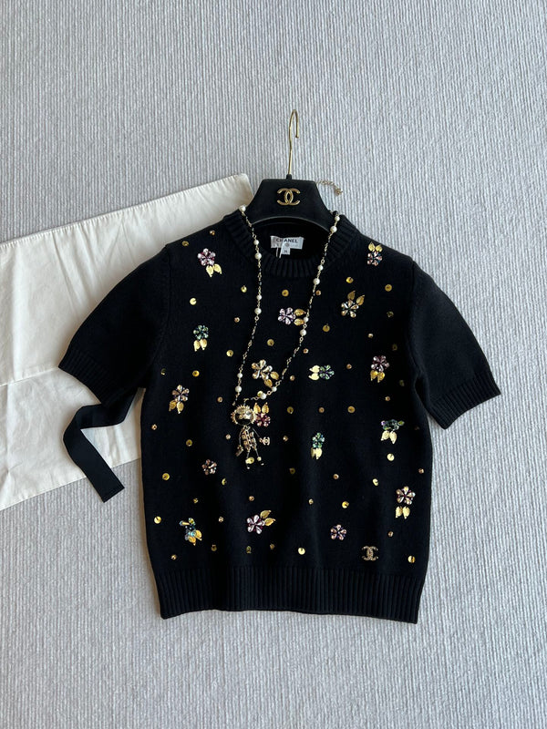 CC 25SS Short Sleeves Flower Knitted In Black Wool 229493