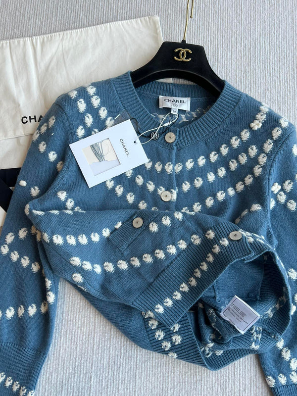 Chanel 25P Cardigan Dark Blue Mix White Cashmere 229517