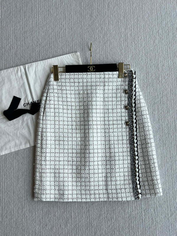 CC 25 Tweed Plaid Skirt White Cotton Polyester 244374