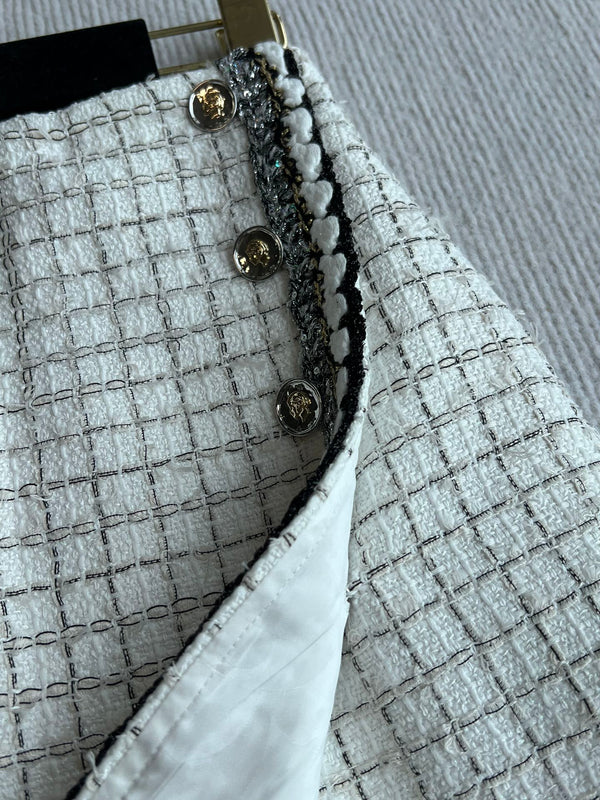 CC 25 Tweed Plaid Skirt White Cotton Polyester 244374