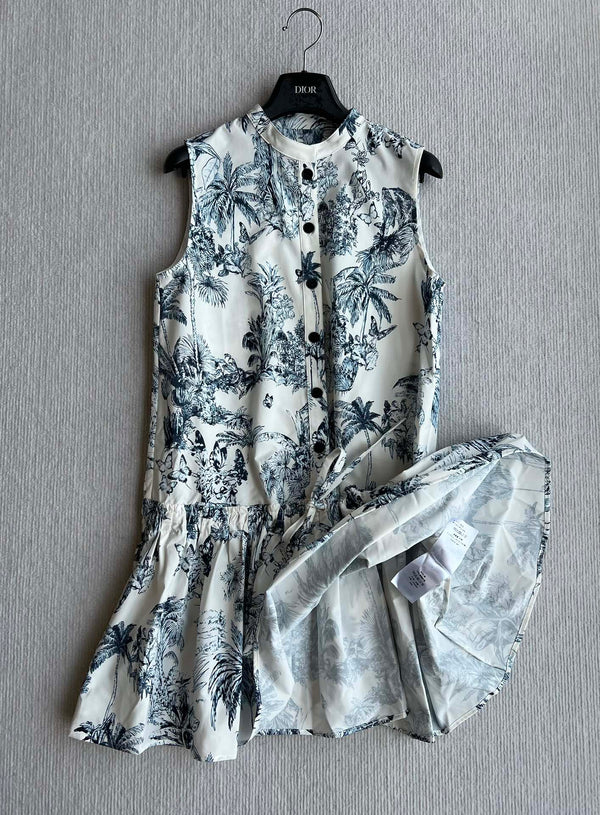 CD 25 Painting Waist Sleeveless Dress White Blue Cotton Polyester