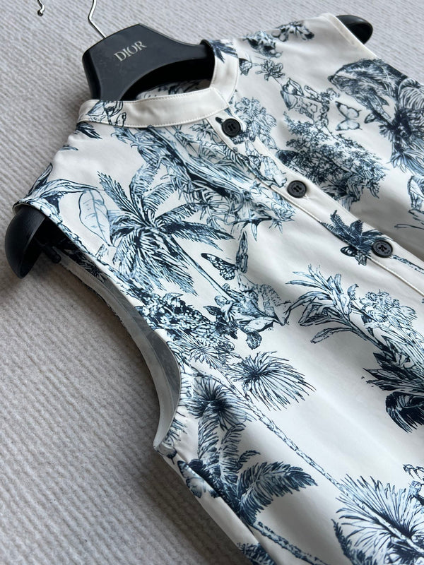 CD 25 Painting Waist Sleeveless Dress White Blue Cotton Polyester