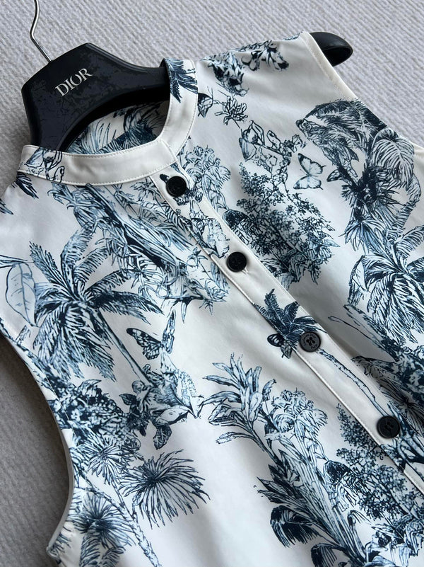 CD 25 Painting Waist Sleeveless Dress White Blue Cotton Polyester