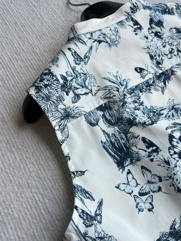 CD 25 Painting Waist Sleeveless Dress White Blue Cotton Polyester