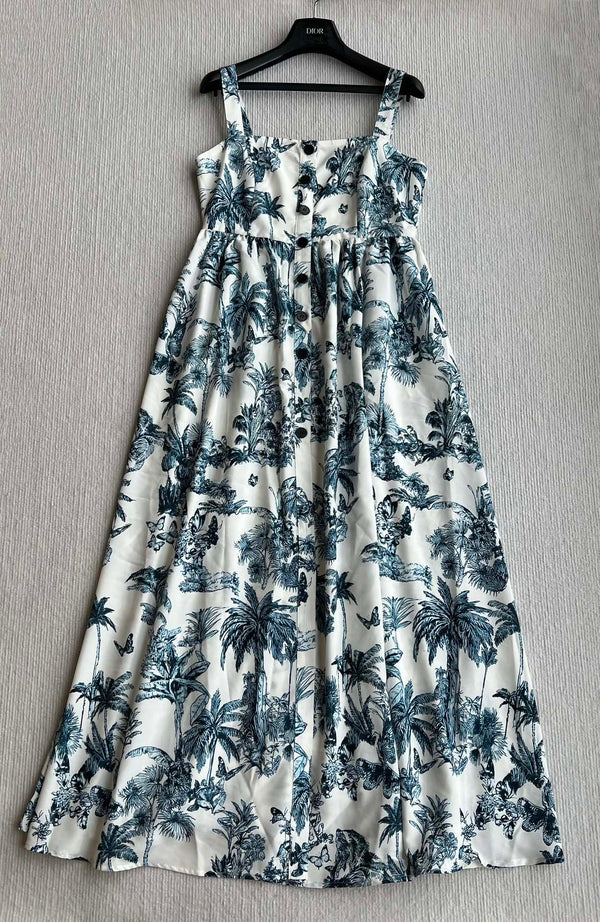 CD 25 Pattern Printed Suspender Dress White Blue Cotton Polyester