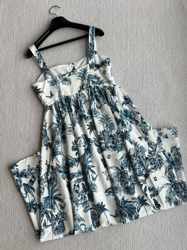 CD 25 Pattern Printed Suspender Dress White Blue Cotton Polyester