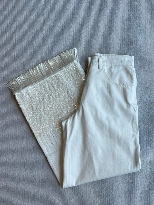 Pantaloni a gamba larga con perline e nappe in denim bianco CC 25SS 277238