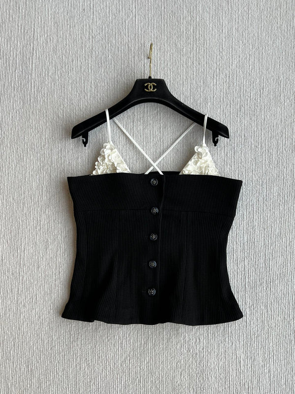 CC 25 Splicing Tube Top Camisole Black and White Mixed Fiber Waffle Jacquard Fabric 275554