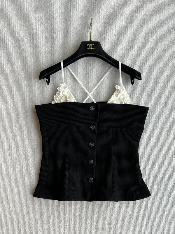 CC 25 Splicing Tube Top Camisole Black and White Mixed Fiber Waffle Jacquard Fabric 275554