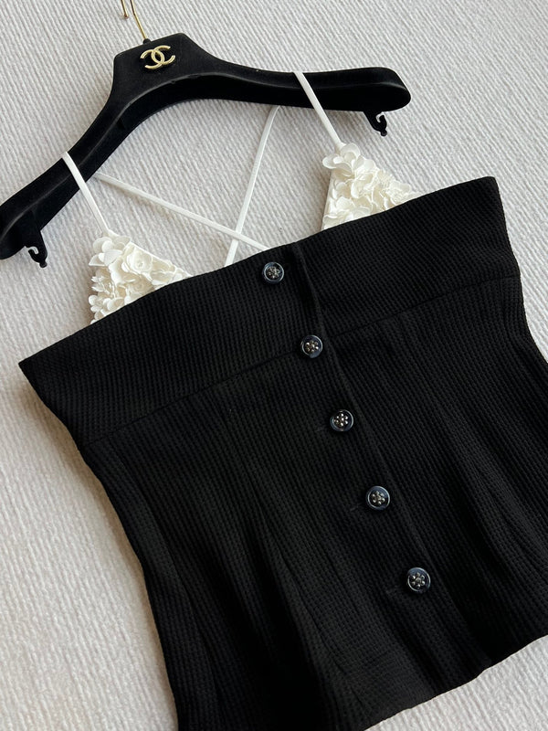 CC 25 Splicing Tube Top Camisole Black and White Mixed Fiber Waffle Jacquard Fabric 275554