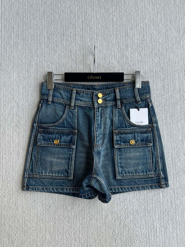 Celine 25 Arc de Triomphe Metal Buckle Denim Shorts Blue Cotton 275804
