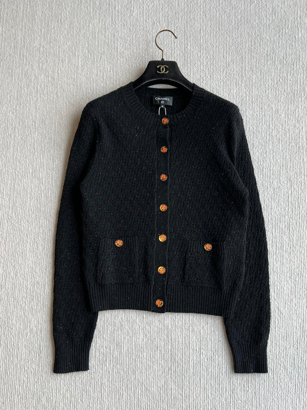 CC 25A Classic Round Neck Floral Wool Cardigan In Black 275516