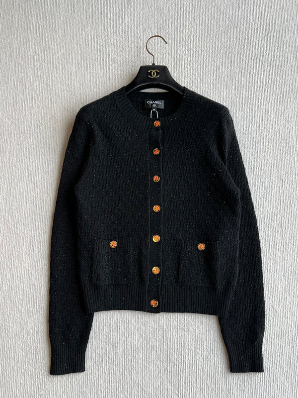 CC 25A Classic Round Neck Floral Wool Cardigan In Black 275516