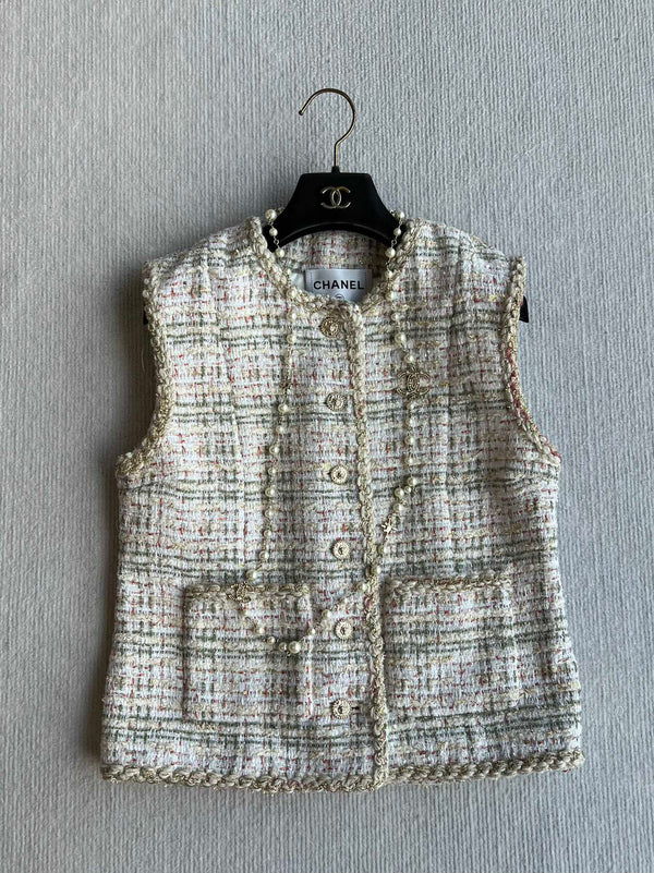 CC 25A Classic Round Collar Vest Jacket In Light Orange Pink Tweed 277181