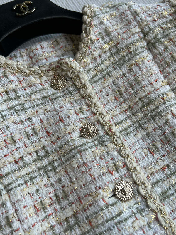 CC 25A Classic Round Collar Vest Jacket In Light Orange Pink Tweed 277181